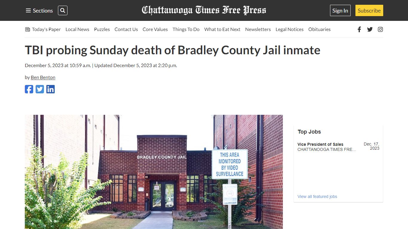 TBI probing Sunday death of Bradley County Jail inmate